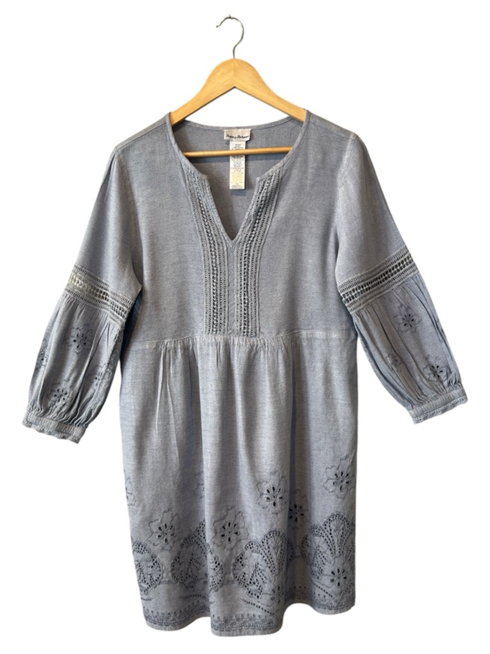 Tommy Bahama St Lucia Linen Blend Eyelet Embroidered Blue Gray Shift Dress M